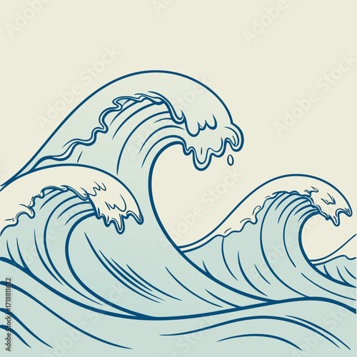Stylized illustration of three rolling blue waves with white foam against a cream background
