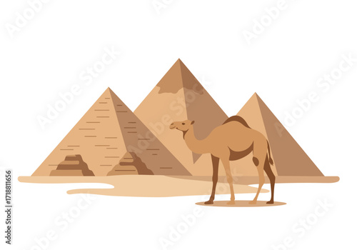 Camel standing before pyramids in Egypt desert scene in shades of brown