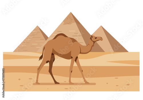Camel strides across sandy ground pyramids loom in distance all rendered in flat colors