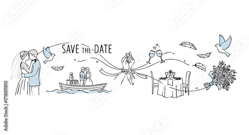 Elegant wedding celebration montage featuring romantic couple embracing, doves flying, and festive table setting, perfect for invitations.