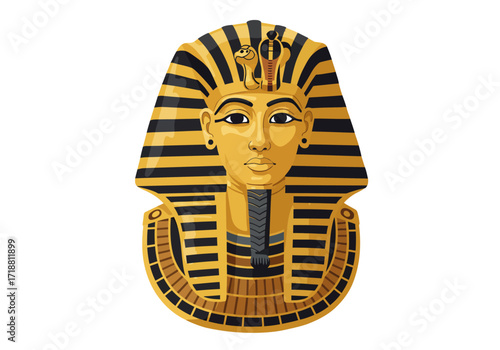 Depicts a golden King Tut sarcophagus head with black stripes and a cobra set against a white backdrop