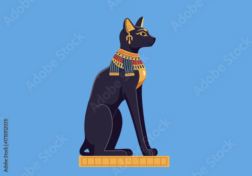 Egyptian black cat statue adorned with traditional gold and blue jewelry seated on a golden pedestal