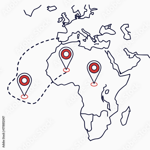 Stylized world map outline showing africa with three red and white location pins connected by a dashed line indicating a route or journey across the continent