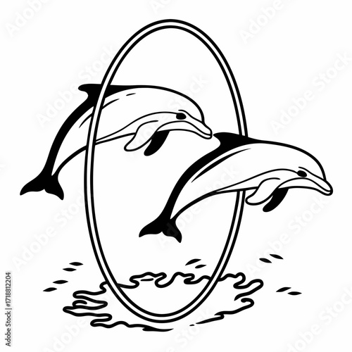 Two playful dolphins leaping through a hoop above stylized ocean waves in a black and white illustration