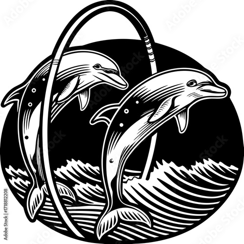 Two playful dolphins leaping through a hoop above stylized ocean waves in a black and white graphic illustration