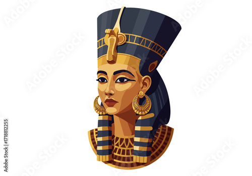 Egyptian queen Nefertiti portrait with signature headdress and jewelry facing left