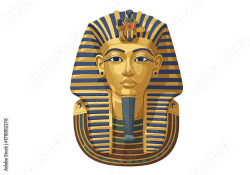 Egyptian pharaoh Tutankhamun mask gold with striped headdress and ornate collar