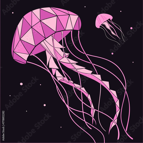 Two stylized pink jellyfish with geometric patterns and flowing tentacles drift through a dark starry ocean background