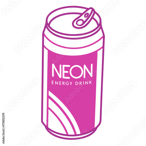 Vibrant pink neon energy drink can with the word neon and energy drink prominently displayed in white text isolated on a clean white background