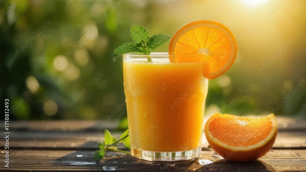 Fototapeta premium Fresh orange juice in a glass, garnished with mint and orange slice, on a wooden table outdoors in sunlight