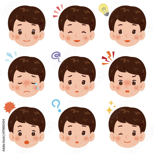 色々な感情を持つ男性のイラストセット　顔のみ／An illustration of a man's face with multiple expressions