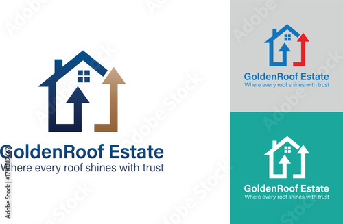GoldenRoof Estate Logo Featuring a House and Upward Arrows. Real estate logo design. Home sale logo design