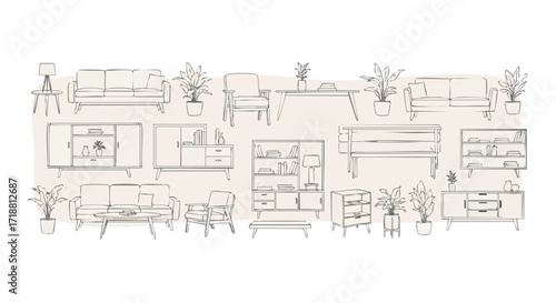 Modern minimalist furniture collection with clean lines, plants, and elegant design for stylish interiors
