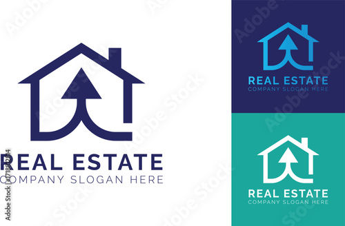 Modern Real Estate Logo Design. Real Estate Logo Design. Real estate logo featuring a house with an 
upward arrow isolated on white background