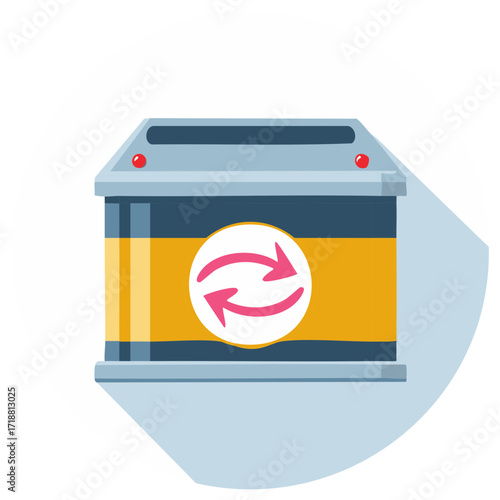 Stylized Car Battery Illustration with Recycling Arrows on a White Circle