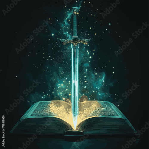 Sword of destiny illuminated atop an open book, radiating ethereal light , vector style simple color