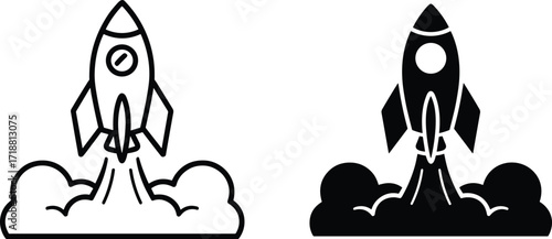 Vector illustration of rocket launch icon, spaceship takeoff graphic, startup concept design, black and white outline, isolated symbol, smoke