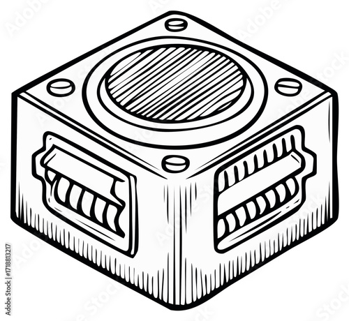 Isometric Outline Illustration of a Cube-Shaped Electrical Component