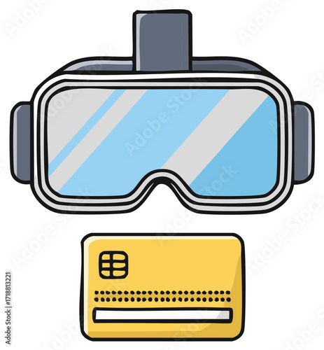 Virtual reality headset and gold credit card for digital payments and online shopping