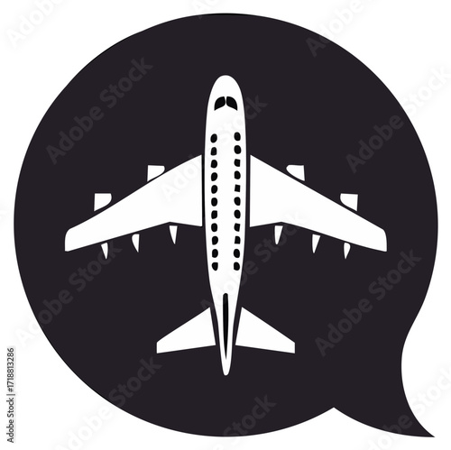White airplane icon against a dark gray rounded speech bubble for travel or destination concept, isolated on white.
