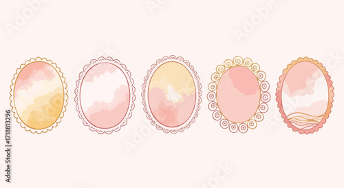 Delicate watercolor frames with ornate scalloped edges and soft pastel gradients, perfect for elegant invitations and charming designs.