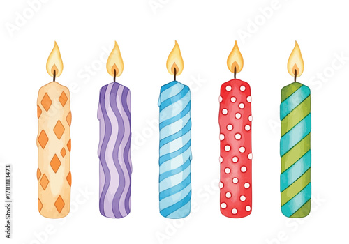 Vector illustration of illustration of five colorful birthday candles with flames