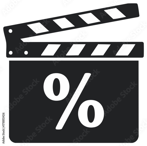 Black clapperboard with white percentage symbol for movie discounts cinema sales promotion