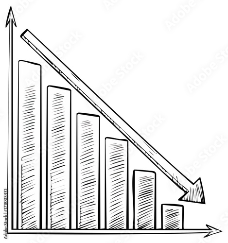 Hand drawn bar chart illustrating a declining business trend with a downward arrow