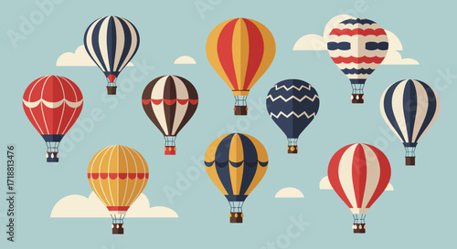 A vibrant flat design illustration showcasing a collection of hot air balloons with various patterns and colors, highlighting the diversity and fun of a fiesta. 