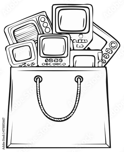 Vintage television sets overflowing from a shopping bag black and white line art