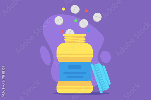 Vitamin bottle with various colorful tablets floating above it