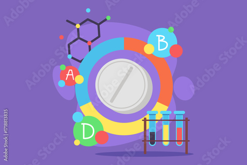 Colorful representation of various vitamins highlighting their importance. Vitamin molecules alongside test tubes indicating scientific research on health benefits