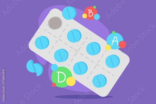 Vibrant depiction of vitamin pack featuring blue tablets in blister. Labels for vitamins A, B, and D emphasizing their importance for health