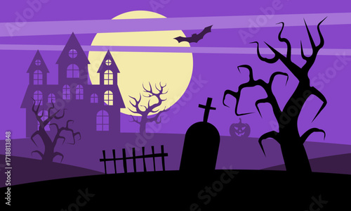 graveyard and haunted house illustration, halloween vector cartoon background, all saints' day party poster template, holiday night event invitation