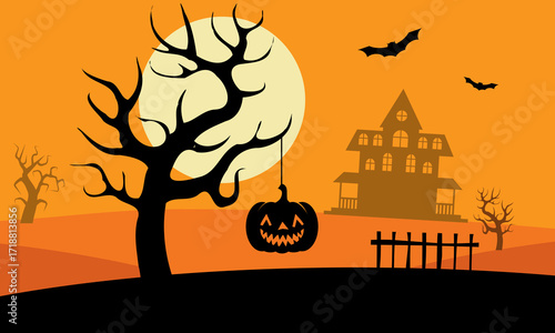 holiday pumpkin and haunted house illustration, halloween vector cartoon background, all saints' day party poster template, holiday night event invitation