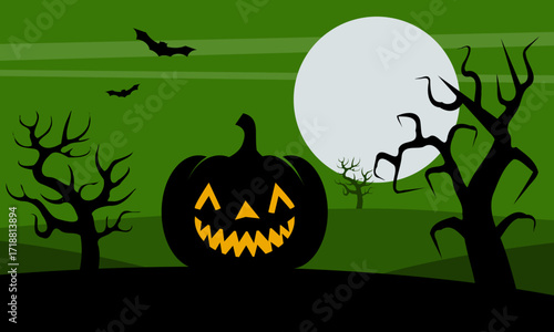 scary halloween pumpkin illustration, jack-o-lantern vector cartoon background, all saints' day party poster template, holiday night event invitation