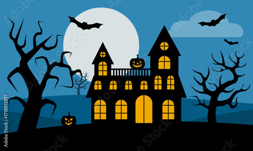 haunted house illustration, halloween vector cartoon background, all saints' day party poster template, holiday night event invitation