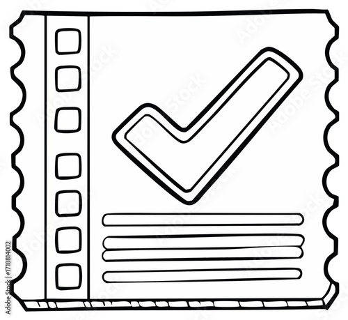 Black and White Checklist Ticket: Hand Drawn Style with Check Mark and Lines for Task List or To-Do List Items