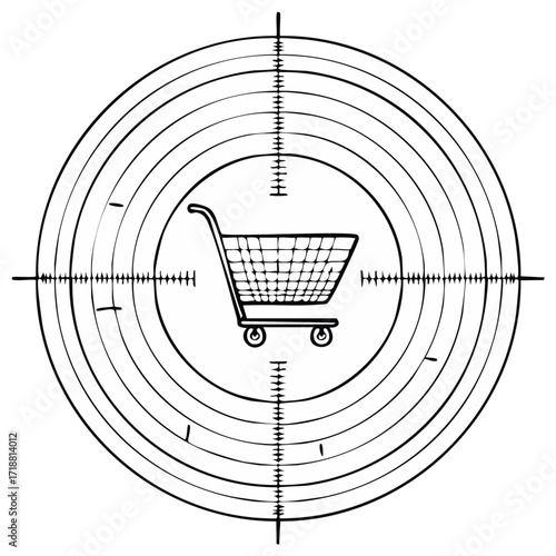 Shopping cart in the crosshairs of a target scope representing consumer targeting