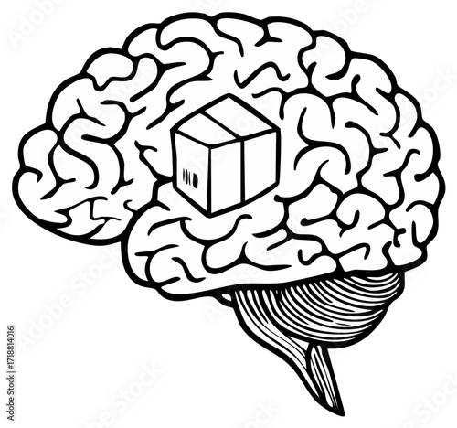 Black and white line art of a brain with a carton box representing mind storage and concepts