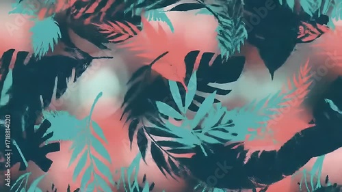 Vibrant tropical leaf pattern design with coral, teal, and navy tones.