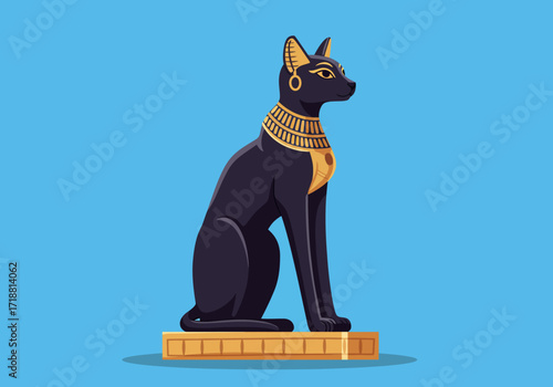 Egyptianstyle cat figurine sits on a platform adorned with gold collar earrings and head markings
