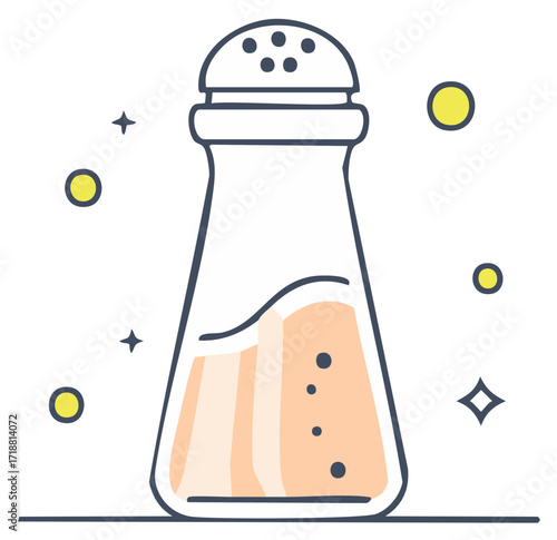 Cartoon style salt shaker filled with light orange seasoning and scattered sparkly elements