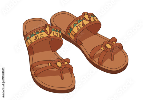 Egyptianstyle sandals in brown with patterned straps and sunlike toe decorations