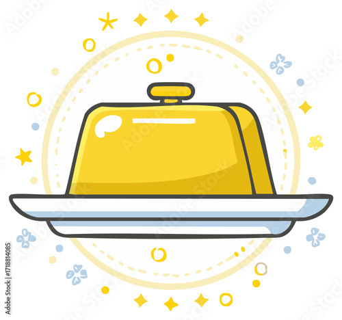 Animated yellow platter with cloche, decorative stars and flowers, a delightful food serving