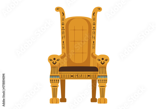 Egyptianthemed throne with catshaped armrests and hieroglyphs