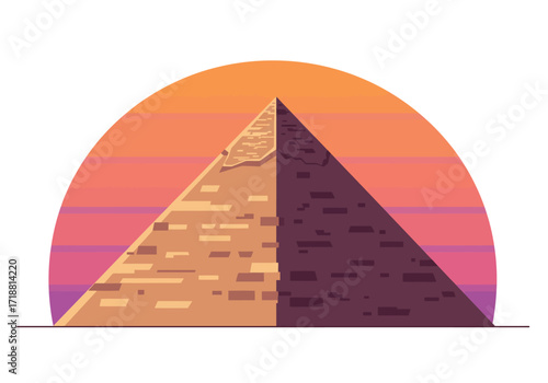 Illustration pyramid split in color set against striped orange sun