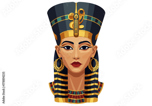Nefertitis bust with her iconic headdress and jewelry against a white background