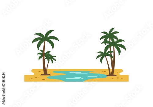 Oasis Palm trees flank a watering hole in a sandy landscape