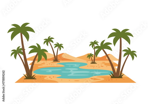 Oasis with palms  turquoise water on desert landscape